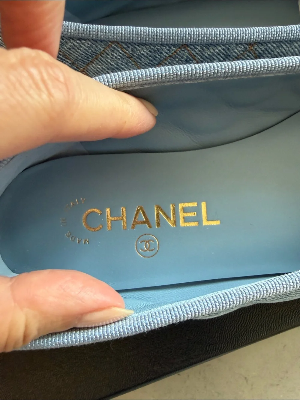BNWT Chanel 26B Denim Light Blue Quilted Ballet Flat, Size 38.5